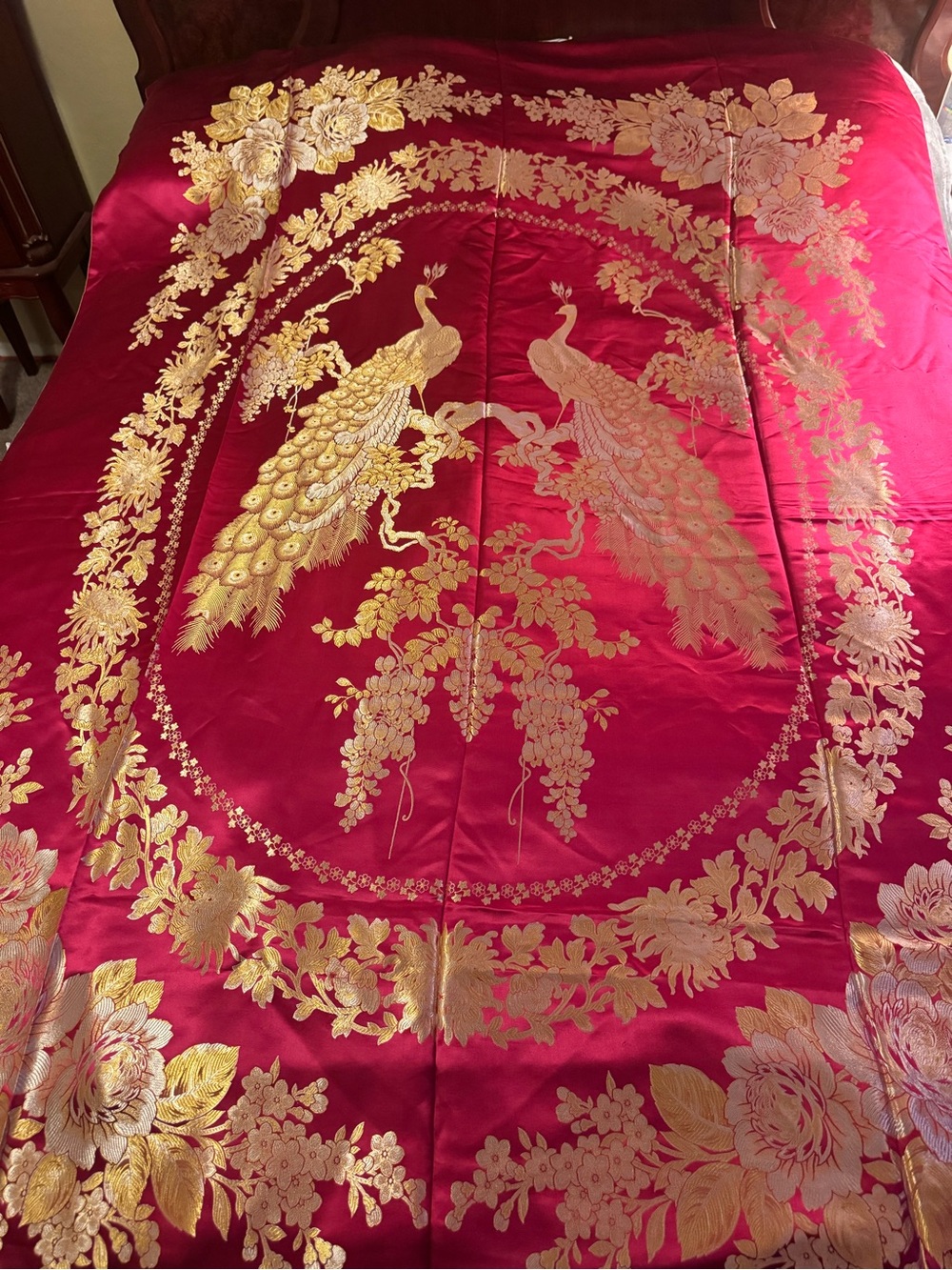 Antique Vintage 50-70s Chinese Silk Embroidered Peacock Phoenix Red Gold Silver